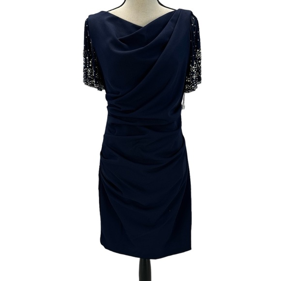 Betsy Adam Short Sheer Beaded Sleeve Side Ruched Midi Gown - Navy Blue -size 10P - Picture 1 of 13